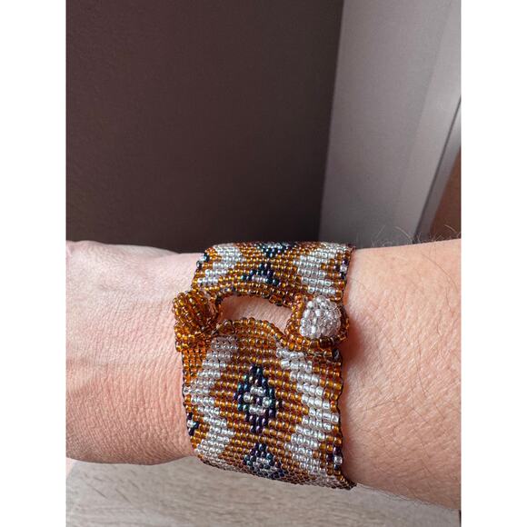 Handmade Vintage Beaded Cuff Bracelet - Southwest Tribal Pattern - Picture 1 of 6